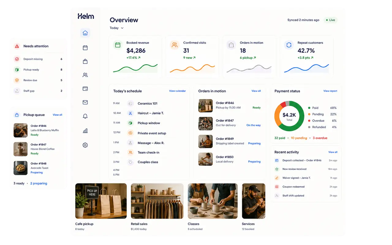 Helm dashboard preview showing bookings, customers, follow-ups, and daily operating context