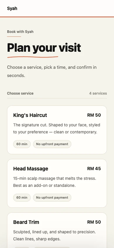 The same live Helm booking page on a phone