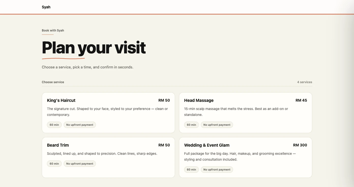 Live Helm booking page on desktop showing Syah's services and prices