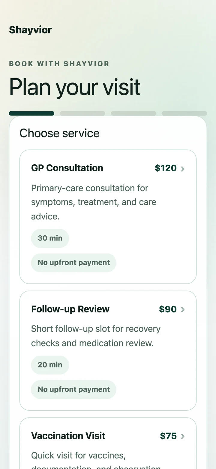 The same Helm booking page on a phone: choose service step with prices and durations