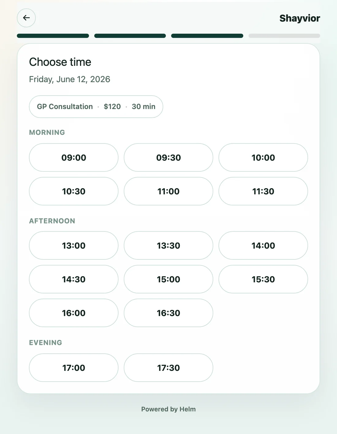 Live Helm booking page on desktop: choosing a morning, afternoon, or evening time slot at a sample clinic