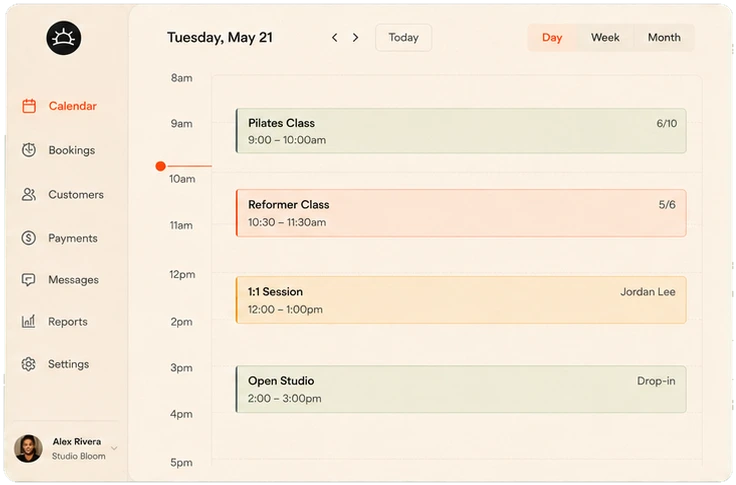 Helm workspace with bookings, payments, customer notes, and reports