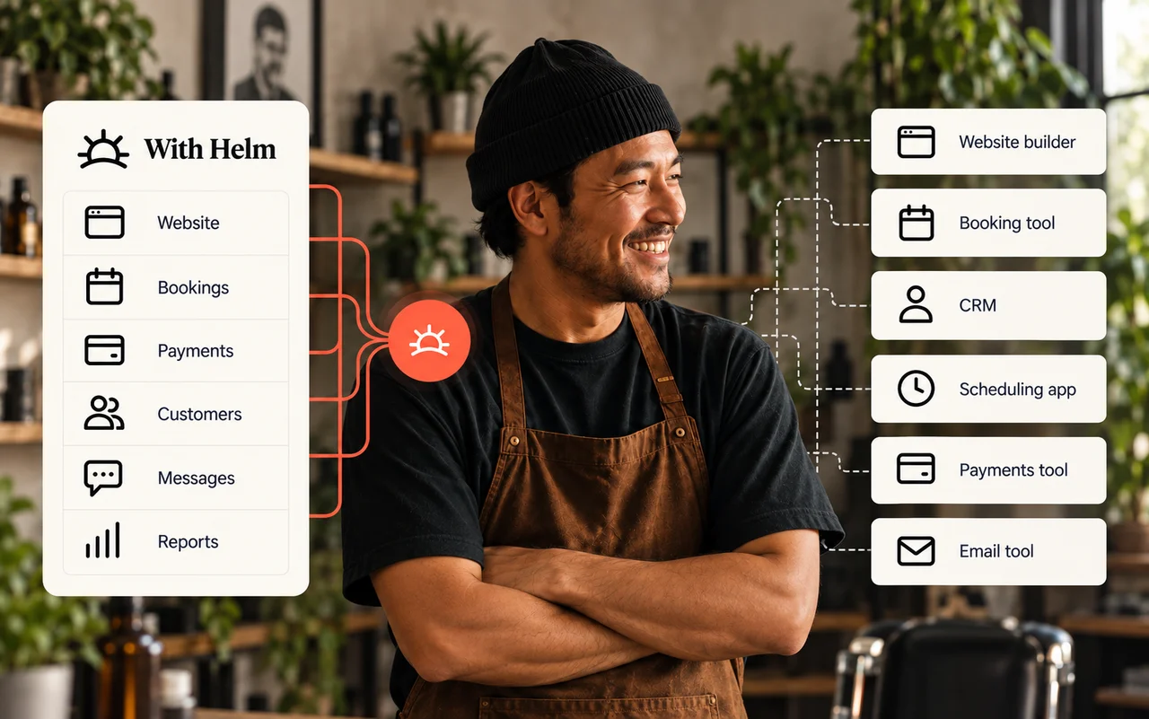 Illustrative Helm workspace with bookings and customer information, alongside a local business owner
