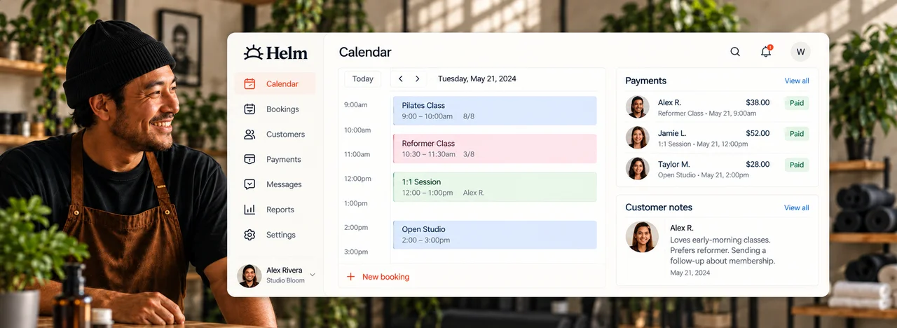 Illustrative Helm workspace with bookings and customer information, alongside a local business owner