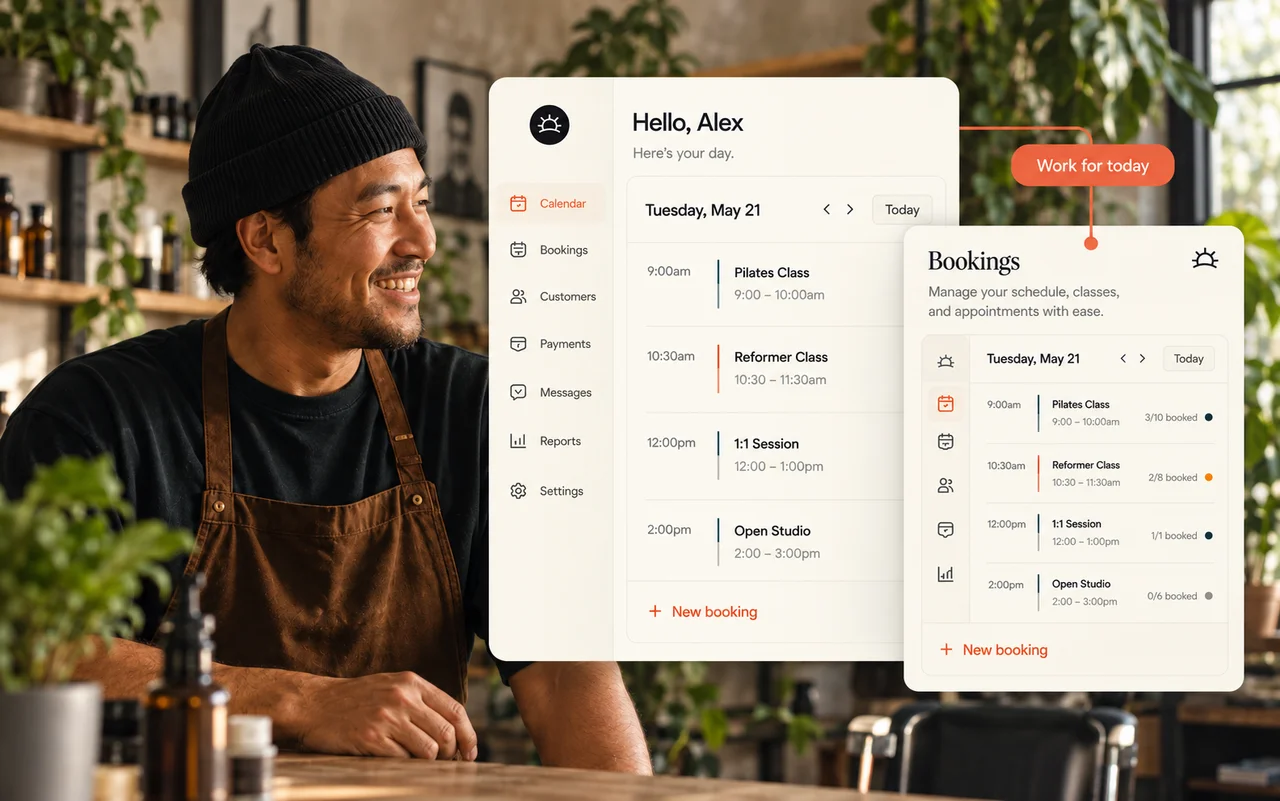 Illustrative Helm workspace with bookings and customer information, alongside a local business owner