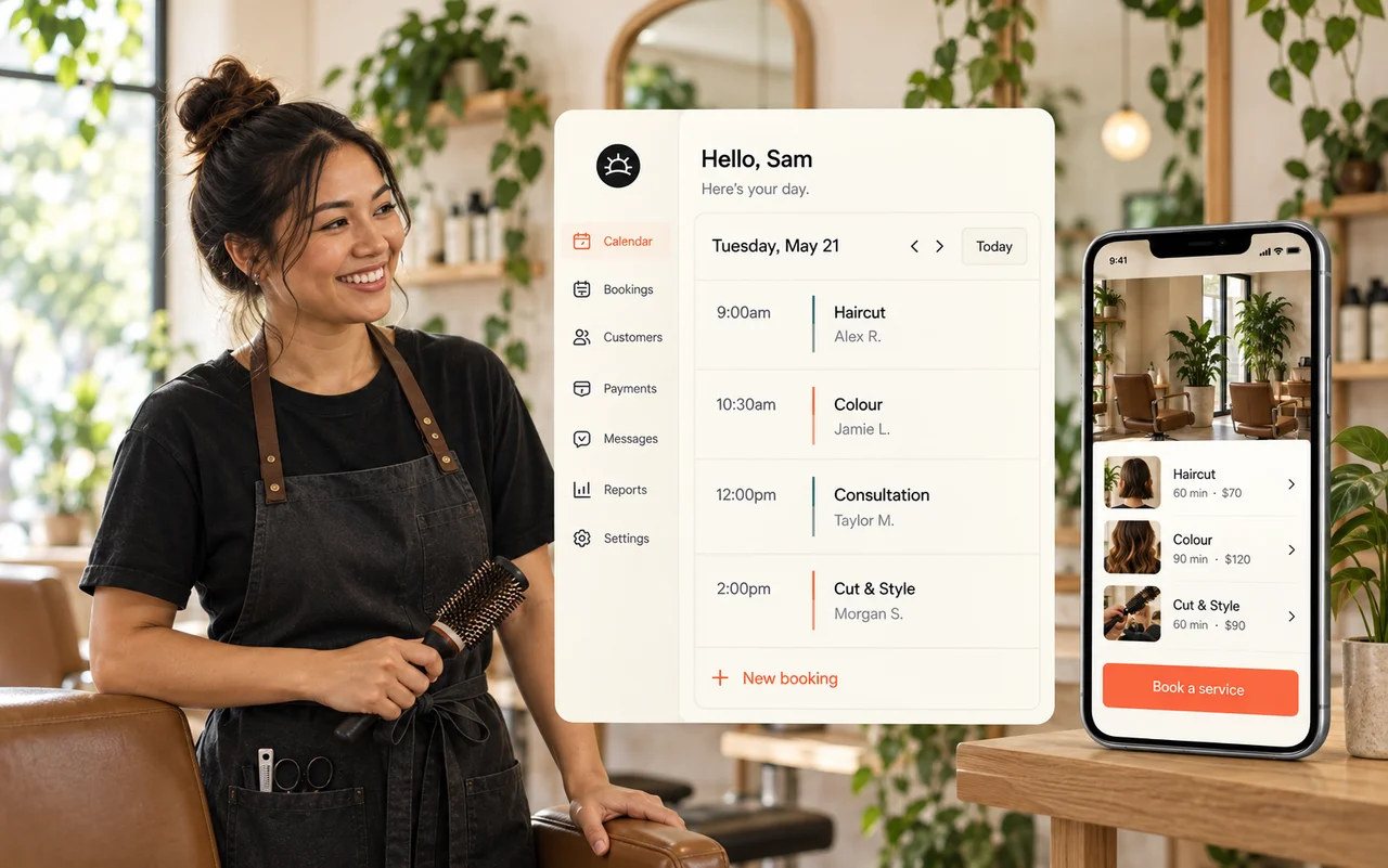 Illustrative Helm workspace with bookings and customer information, alongside a local business owner